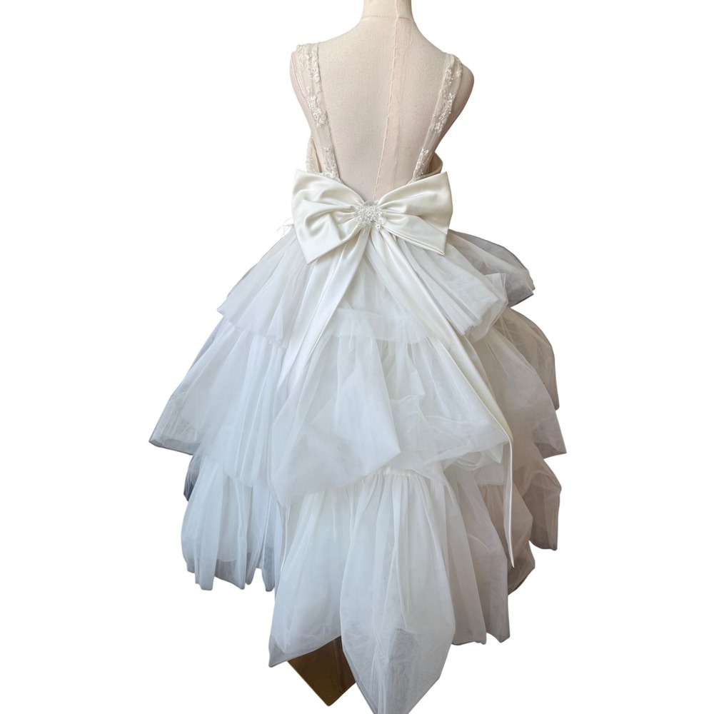 Vintage Tulle Beaded Tiered Ruffle A-Line Tea Length Wedding Dress Size 16 Bow - Picture 8 of 12